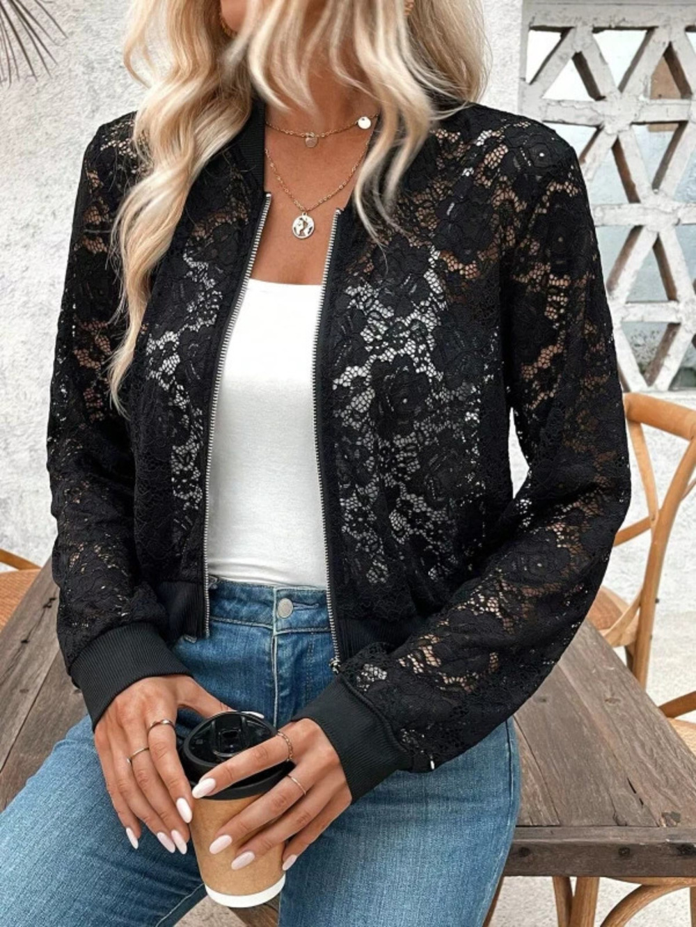 ZARA Spring Elegant Women Jacquard Lace Sheer Zipper Short Jacket